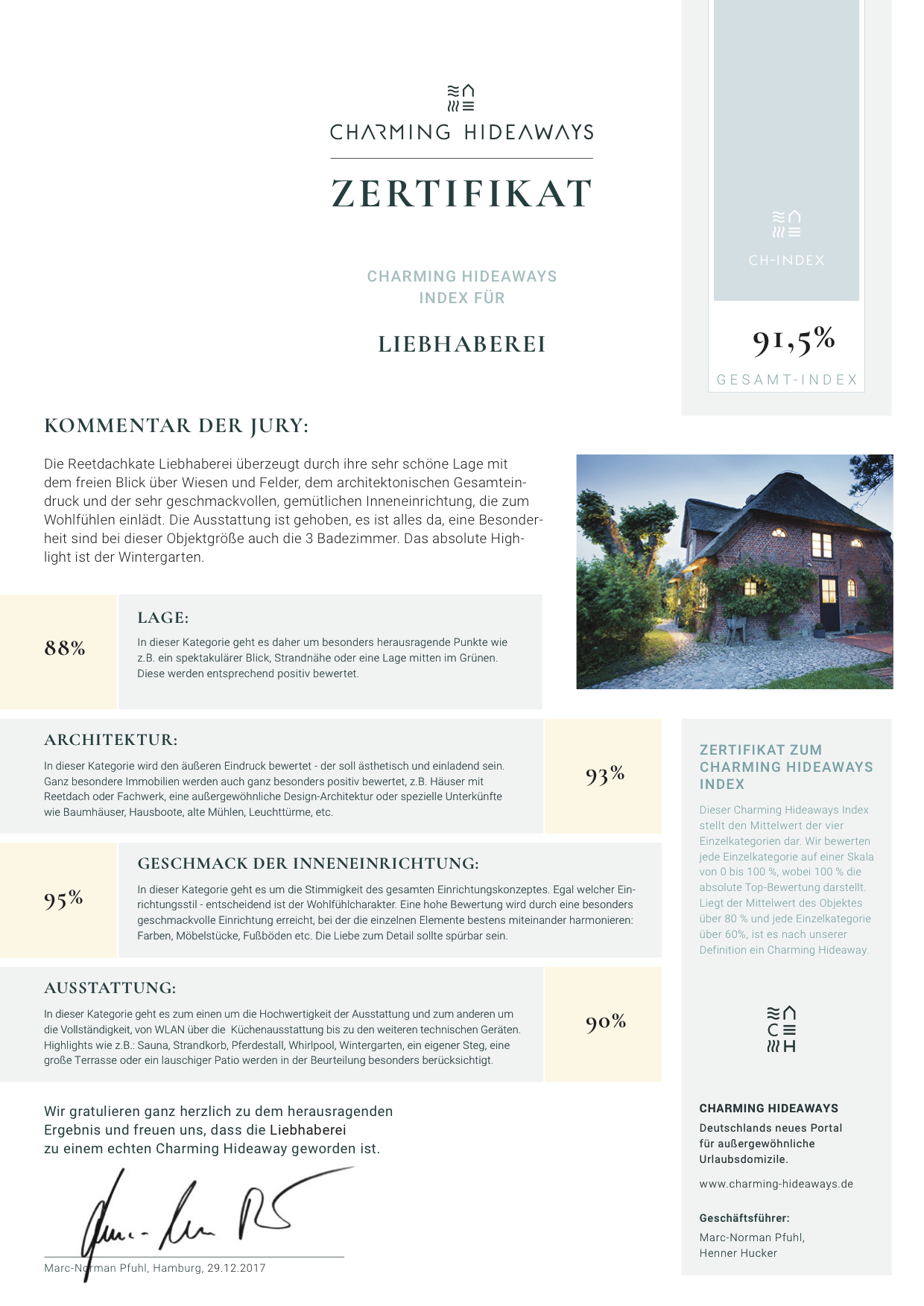 Zertifikat Charming Hideaways